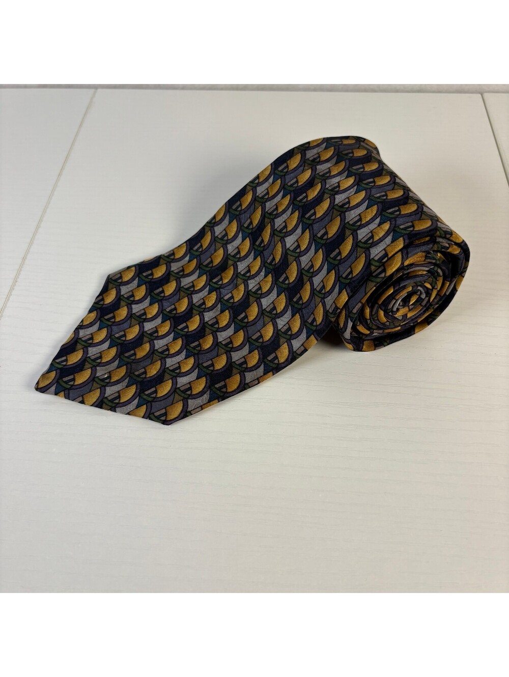 J Garcia Jerry Garcia Silk Tie Mens Arches Abstract Art Deco Fans Yellow Navy 4"